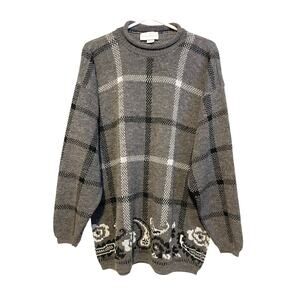 Jessica Roberts Gray Check Paisley Roll Neck Sweater Oversized Long 90s XL